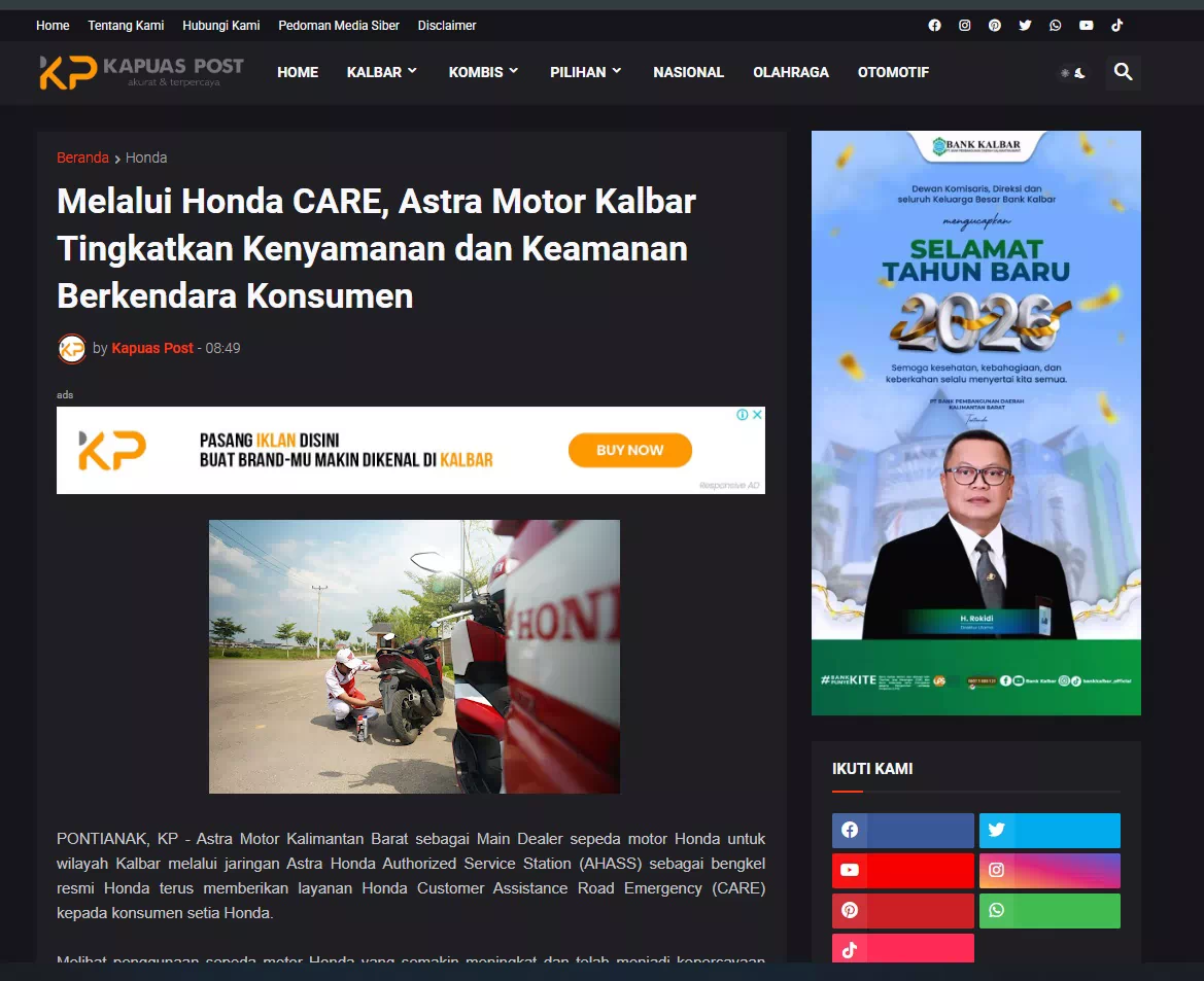Melalui Honda CARE, Astra Motor Kalbar Tingkatkan Kenyamanan dan Keamanan Berkendara Konsumen