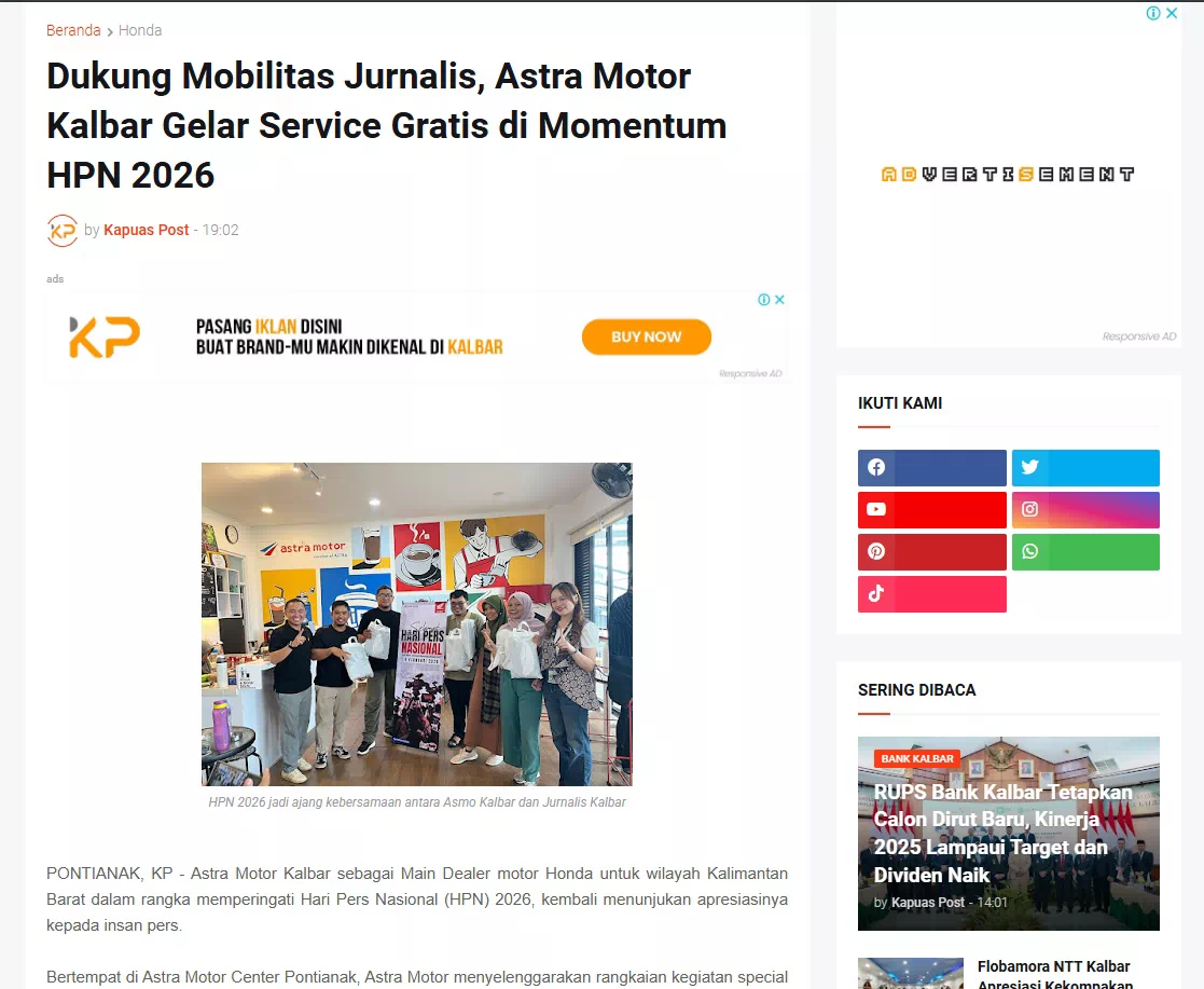 Dukung Mobilitas Jurnalis, Astra Motor Kalbar Gelar Service Gratis di Momentum HPN 2026