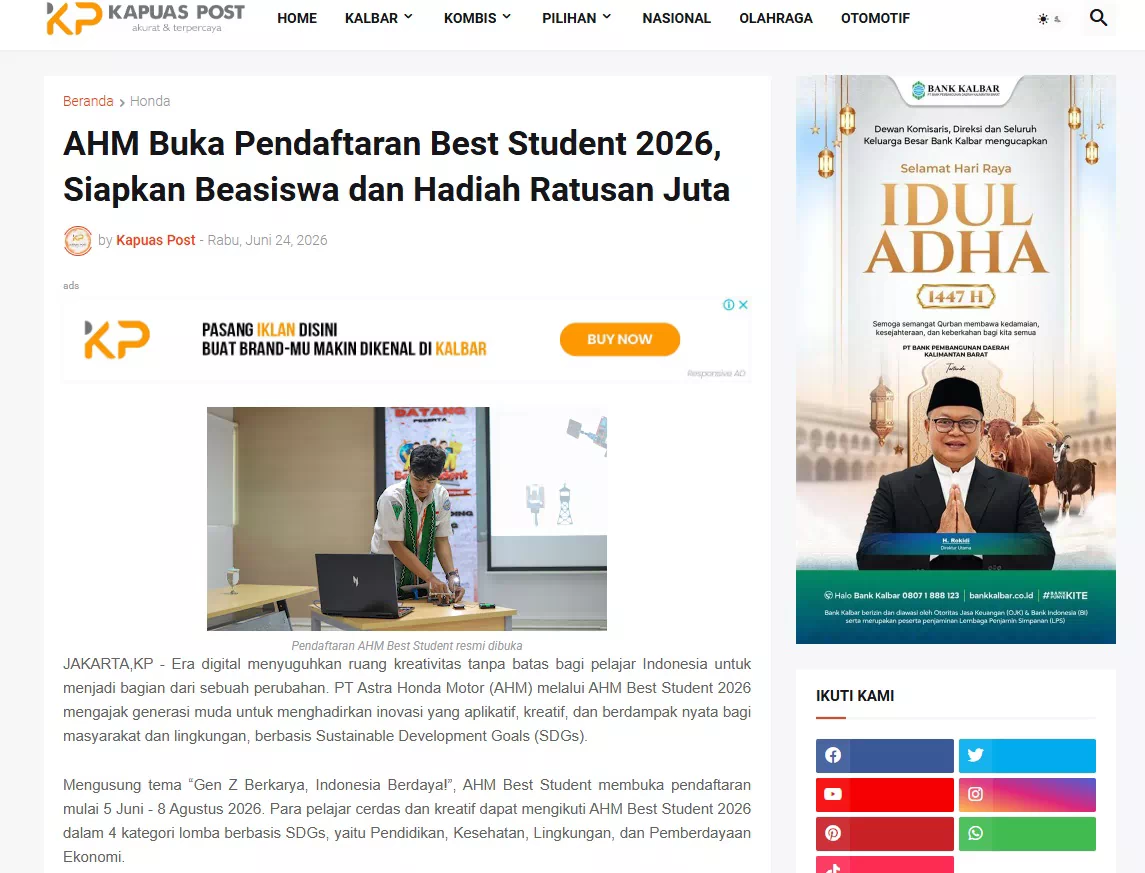 AHM Buka Pendaftaran Best Student 2026, Siapkan Beasiswa dan Hadiah Ratusan Juta