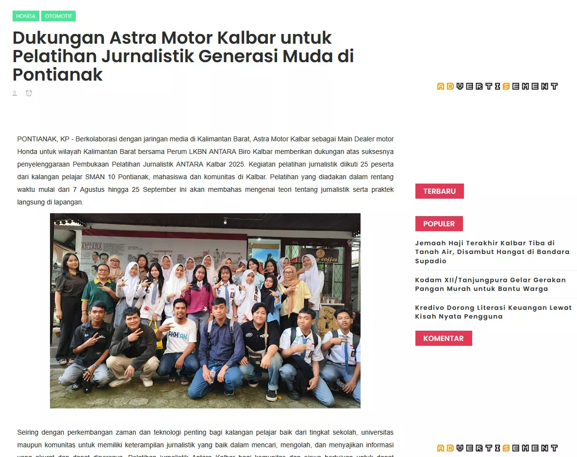 Dukungan Astra Motor Kalbar untuk Pelatihan Jurnalistik Generasi Muda di Pontianak