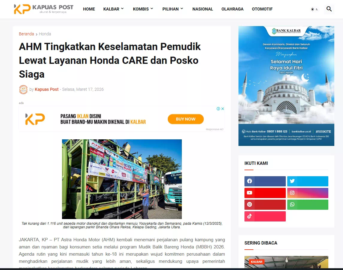 AHM Tingkatkan Keselamatan Pemudik Lewat Layanan Honda CARE dan Posko Siaga