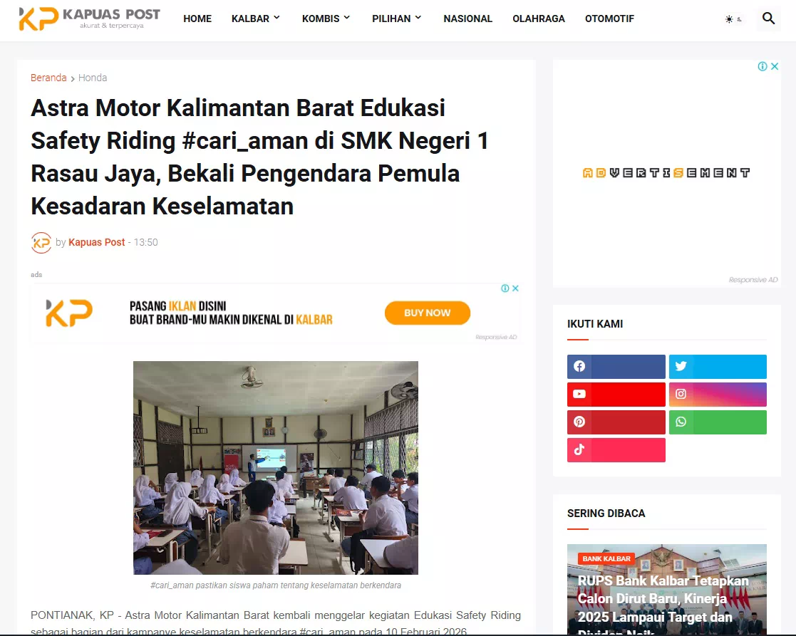 Astra Motor Kalimantan Barat Edukasi Safety Riding #cari_aman di SMK Negeri 1 Rasau Jaya, Bekali Pengendara Pemula Kesadaran Keselamatan