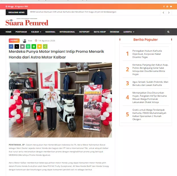 Merdeka Punya Motor Impian! Intip Promo Menarik Honda dari Astra Motor Kalbar