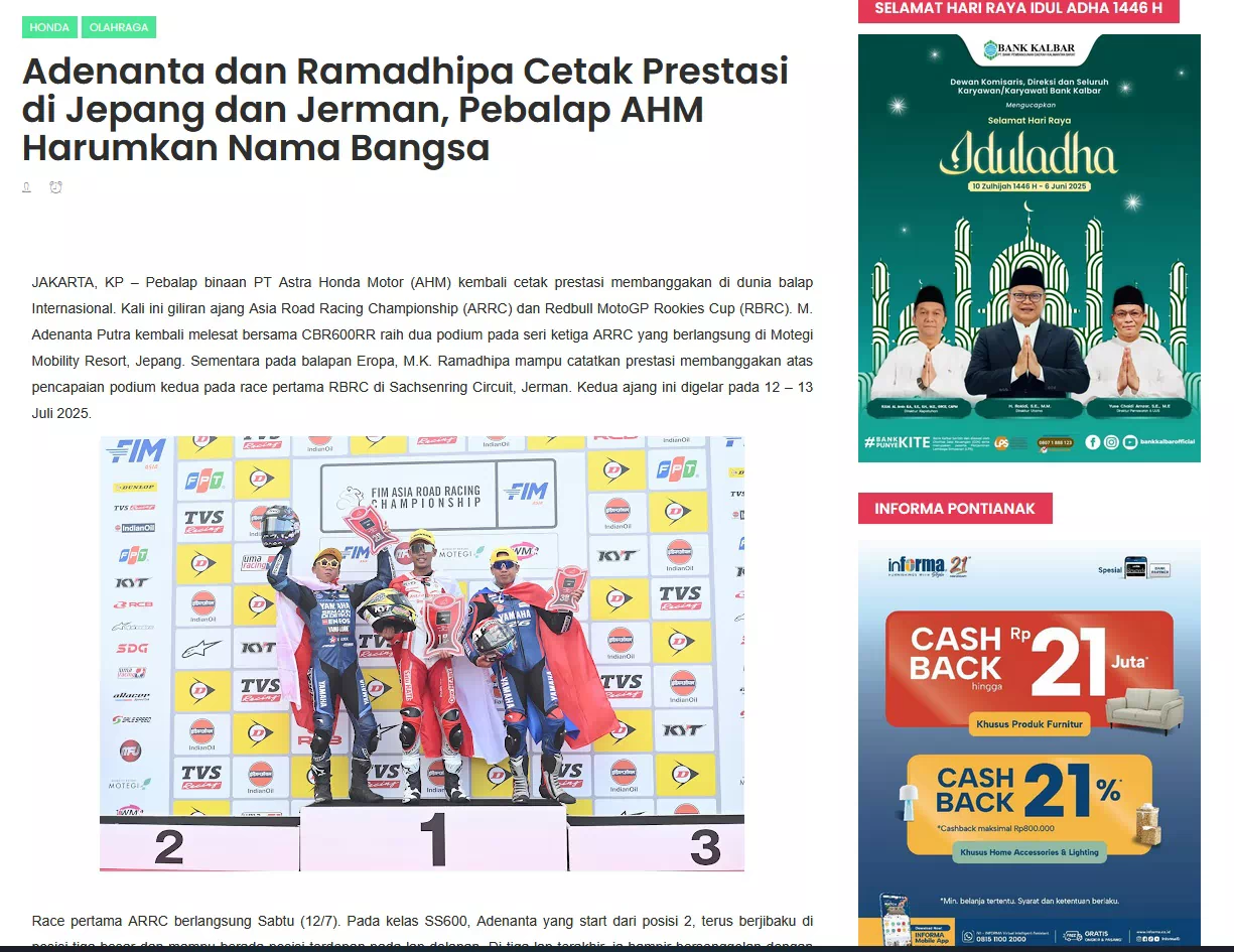 Adenanta dan Ramadhipa Cetak Prestasi di Jepang dan Jerman, Pebalap AHM Harumkan Nama Bangsa