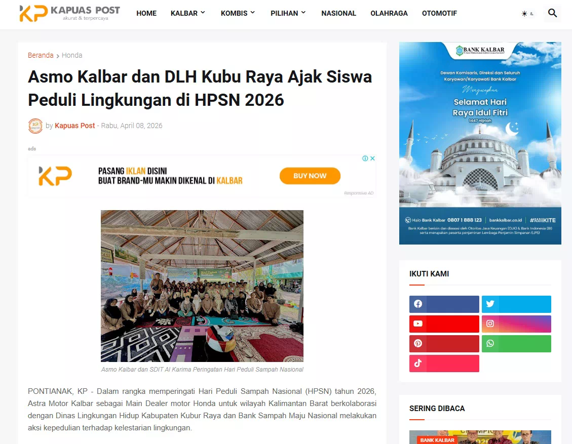 Asmo Kalbar dan DLH Kubu Raya Ajak Siswa Peduli Lingkungan di HPSN 2026