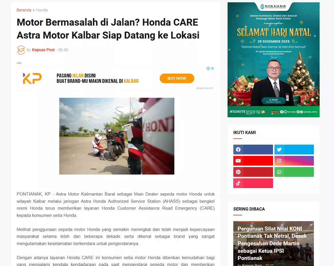 Motor Bermasalah di Jalan? Honda CARE Astra Motor Kalbar Siap Datang ke Lokasi