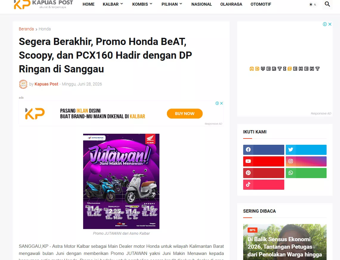 Segera Berakhir, Promo Honda BeAT, Scoopy, dan PCX160 Hadir dengan DP Ringan di Sanggau