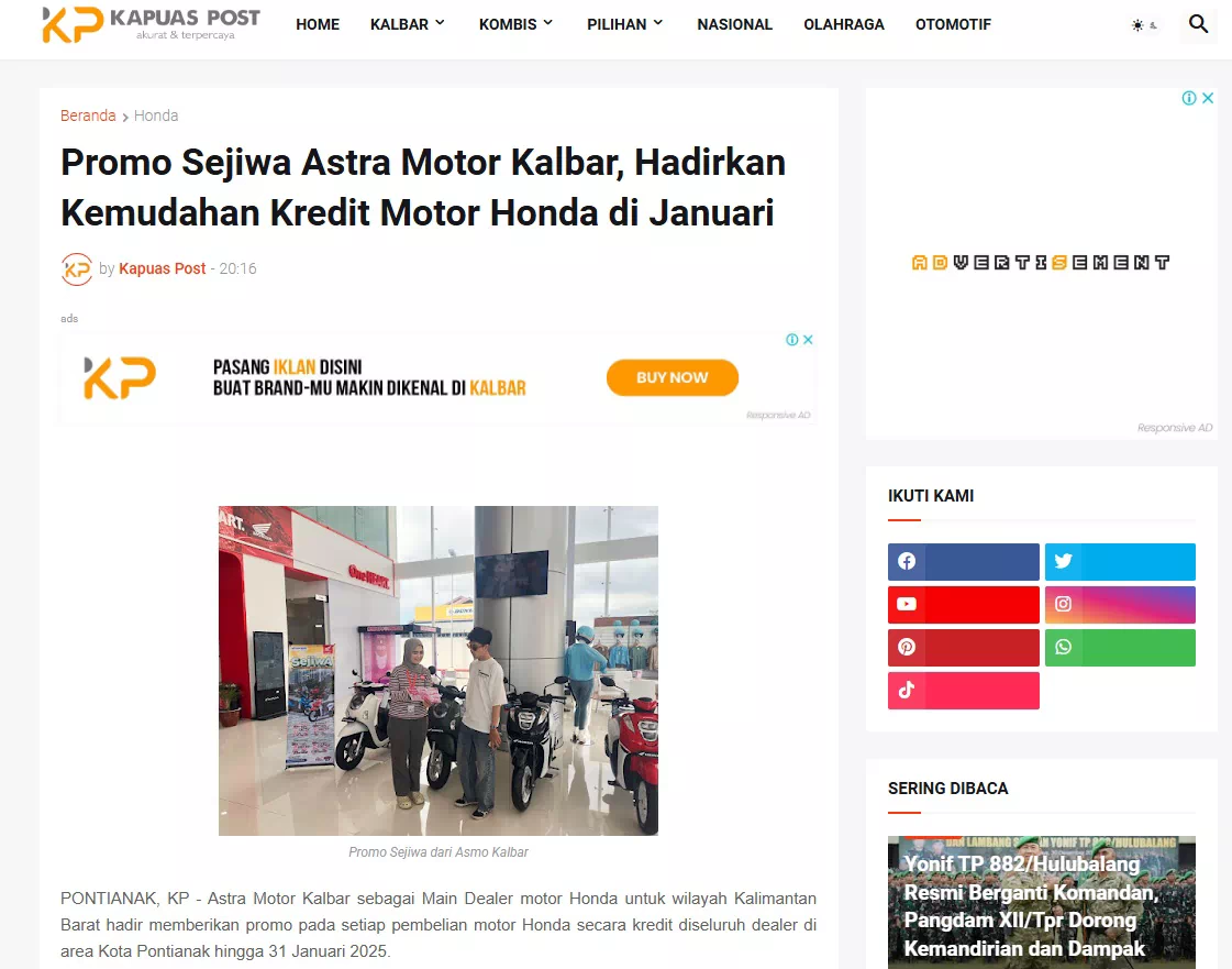 Promo Sejiwa Astra Motor Kalbar, Hadirkan Kemudahan Kredit Motor Honda di Januari