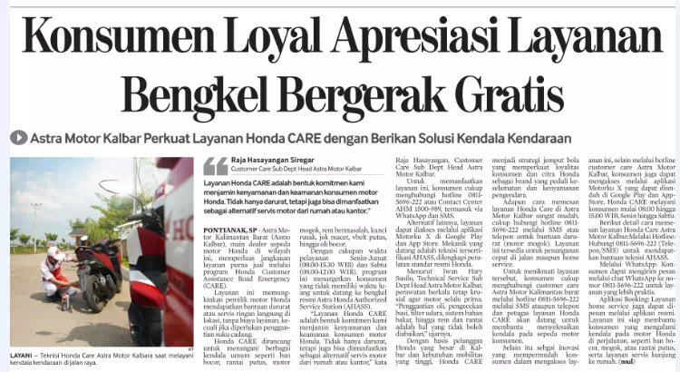 Konsumen Loyal Apresiasi Layanan Bengkel Bergerak Gratis, Astra Motor Kalbar Perkuat Layanan Honda CARE dengan Berikan Solusi Kendala Kendaraan