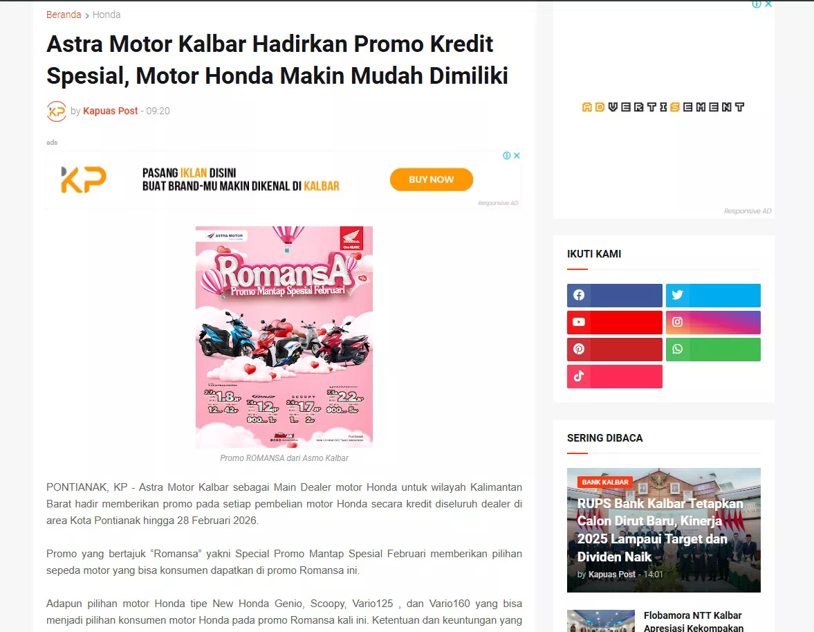 Astra Motor Kalbar Hadirkan Promo Kredit Spesial, Motor Honda Makin Mudah Dimiliki