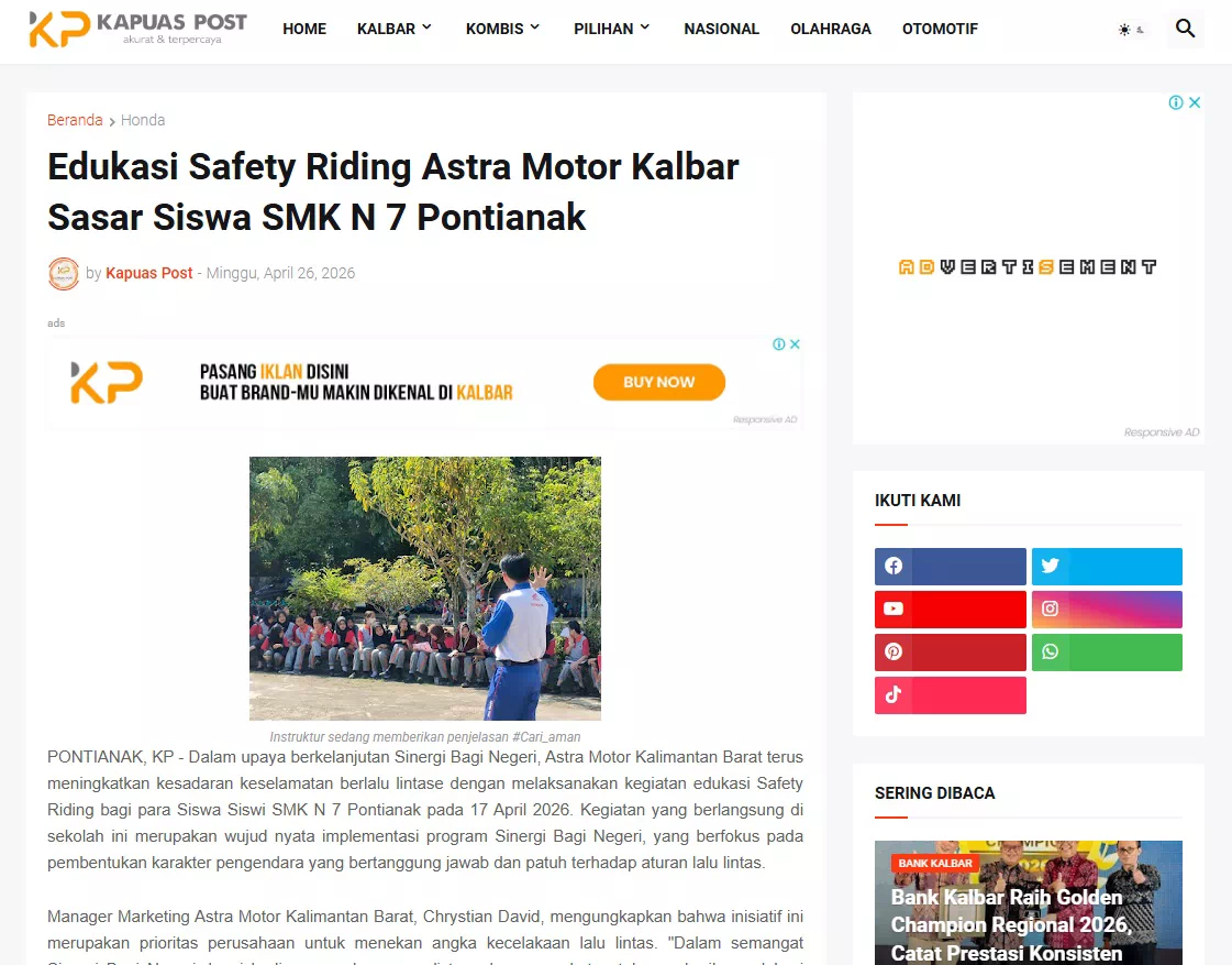 Edukasi Safety Riding Astra Motor Kalbar Sasar Siswa SMK N 7 Pontianak