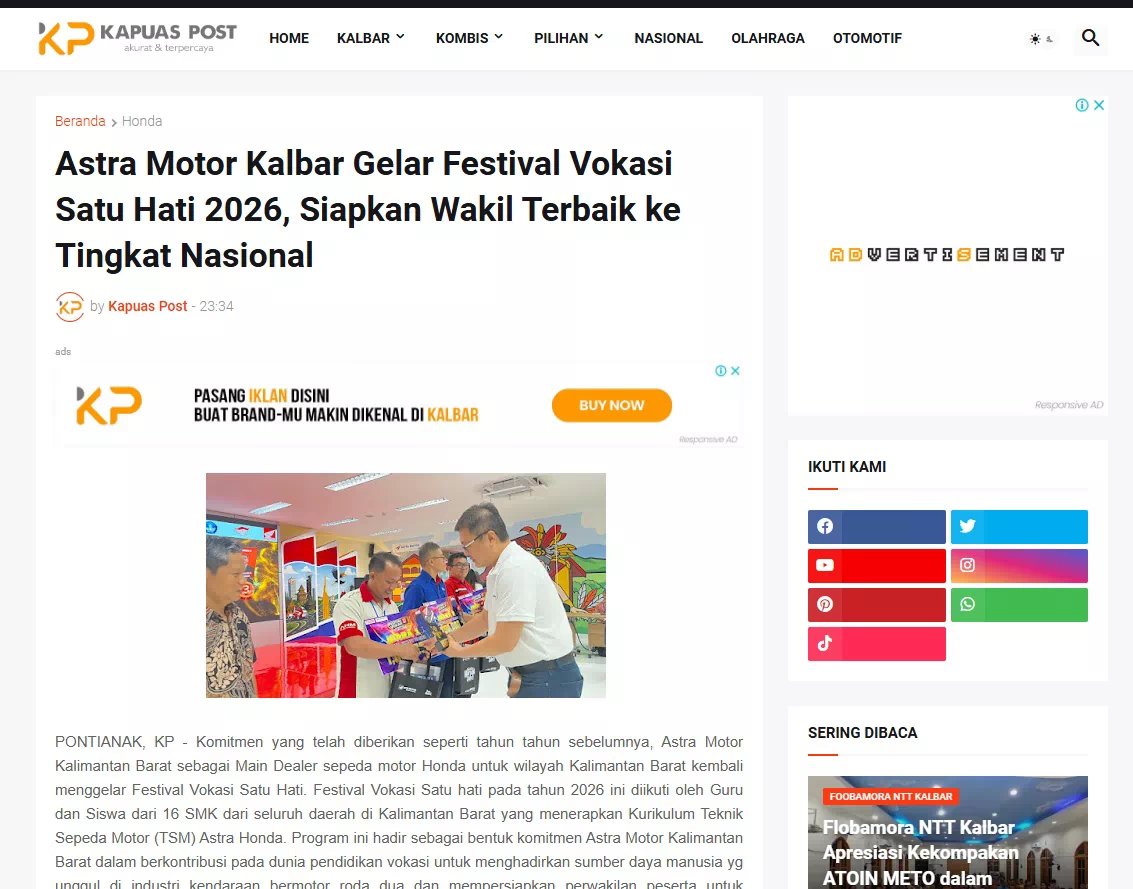 Astra Motor Kalbar Gelar Festival Vokasi Satu Hati 2026, Siapkan Wakil Terbaik ke Tingkat Nasional