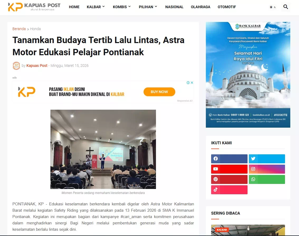 Tanamkan Budaya Tertib Lalu Lintas, Astra Motor Edukasi Pelajar Pontianak