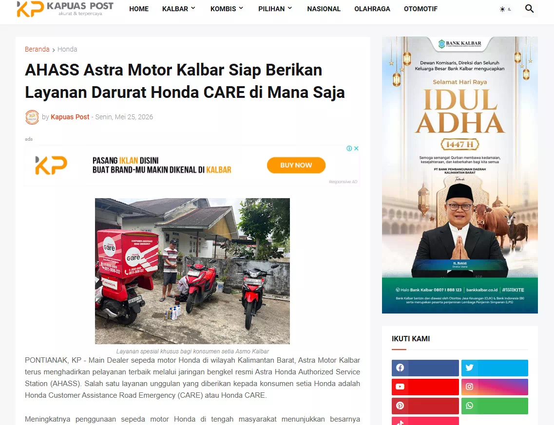 AHASS Astra Motor Kalbar Siap Berikan Layanan Darurat Honda CARE di Mana Saja